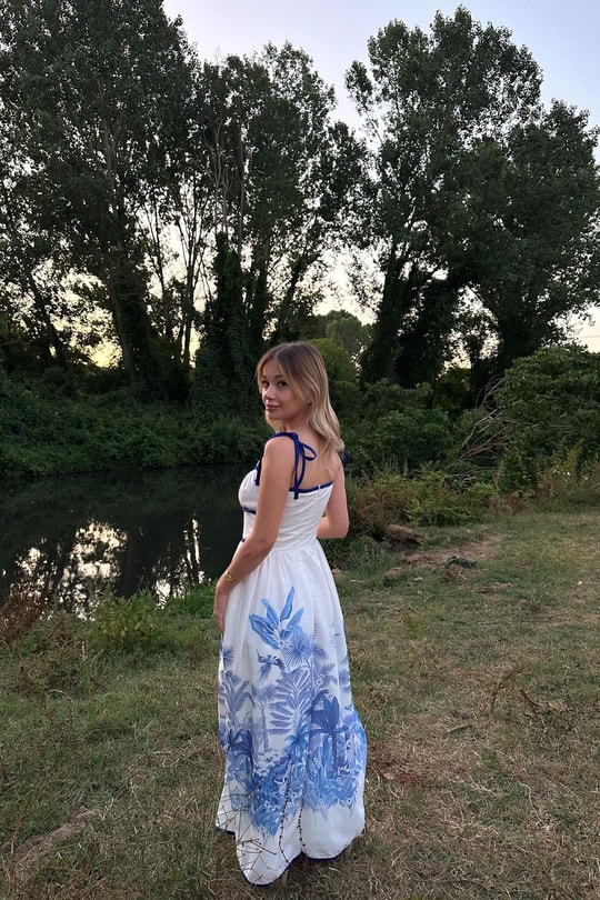 Palmiye Desen Keten Elbise Mavi