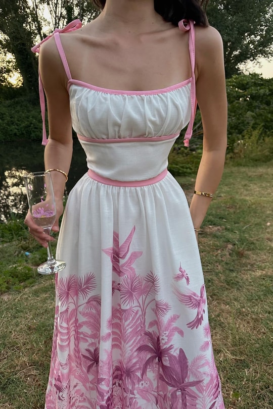 Palmiye Desen Keten Elbise Pembe