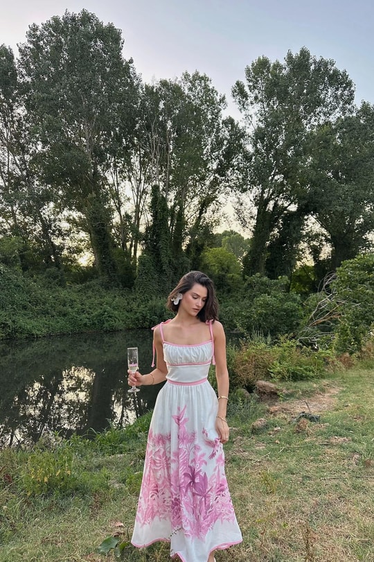 Palmiye Desen Keten Elbise Pembe