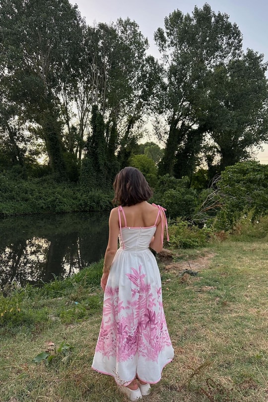 Palmiye Desen Keten Elbise Pembe