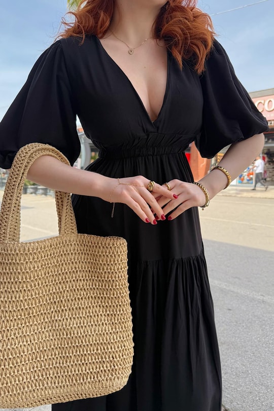 Pamuklu Bel Büzgülü Maxi Elbise Siyah