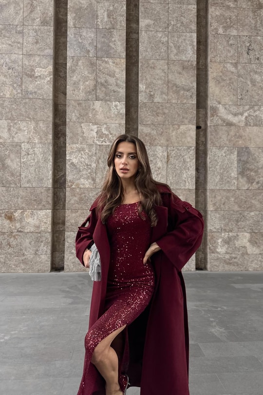 Payetli Midi Elbise Bordo