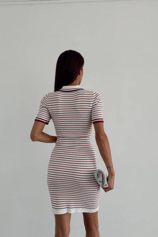 Polo Yaka Çizgili Elbise Beyaz