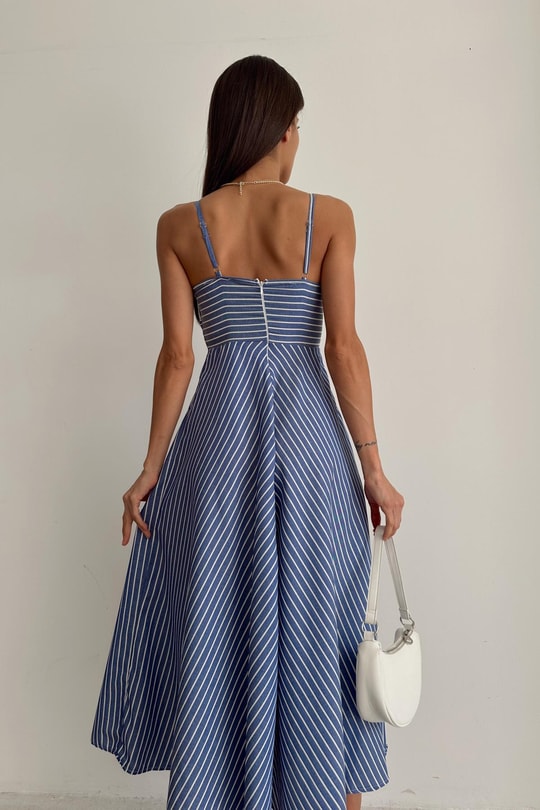 Poplin çizgili midi elbise Mavi