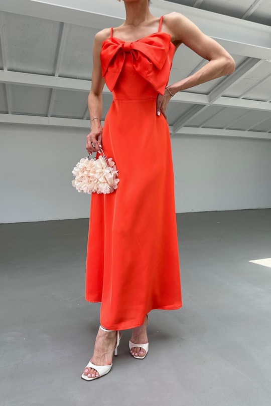Pretty Orange Saten Elbise Oranj