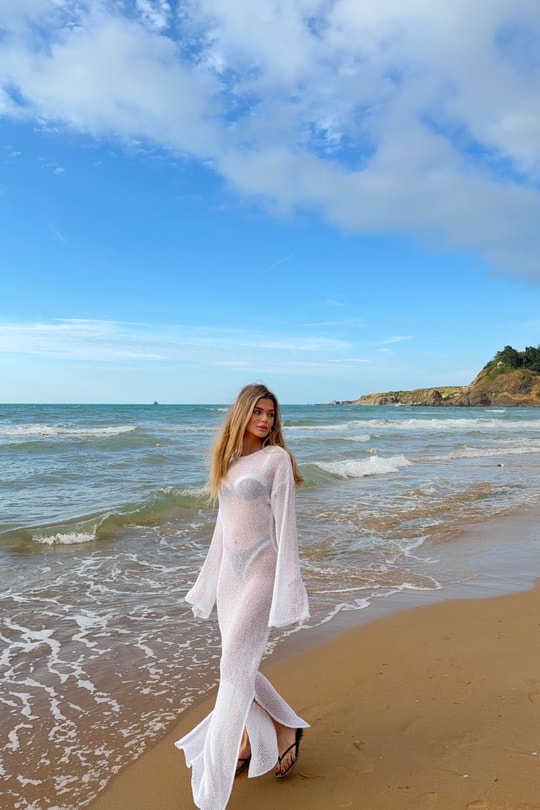 Pullu Beachwear Triko Elbise Beyaz