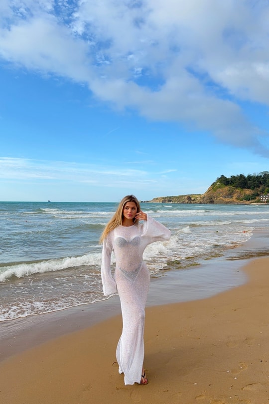 Pullu Beachwear Triko Elbise Beyaz