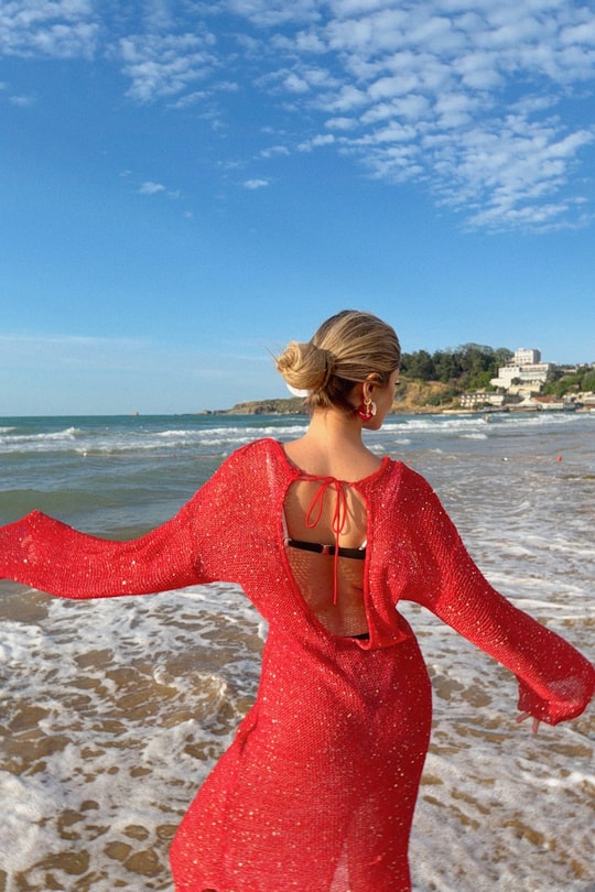 Pullu Beachwear Triko Elbise Kırmızı