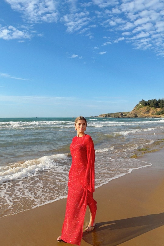 Pullu Beachwear Triko Elbise Kırmızı