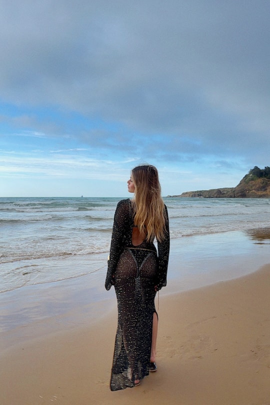 Pullu Beachwear Triko Elbise Siyah