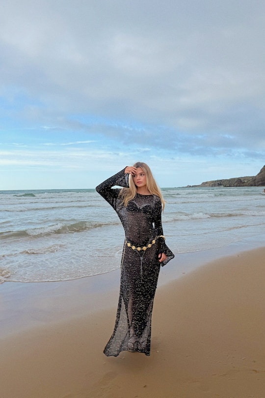 Pullu Beachwear Triko Elbise Siyah