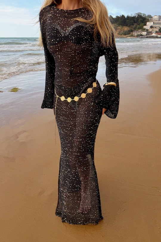 Pullu Beachwear Triko Elbise Siyah