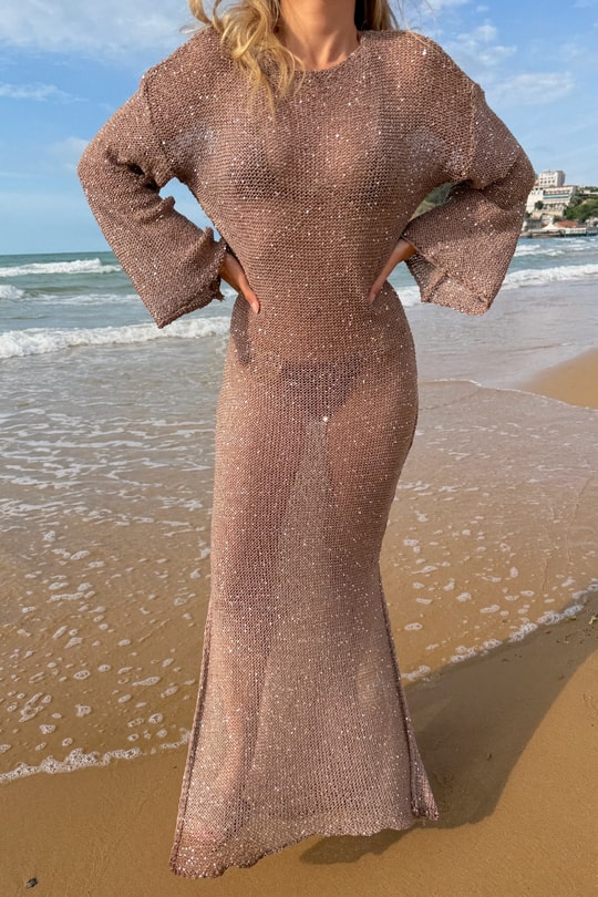 Pullu Beachwear Triko Elbise Vizon