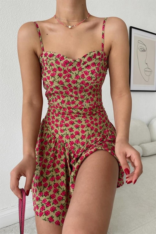 Rose Desen İp Askılı Mini Elbise Taba