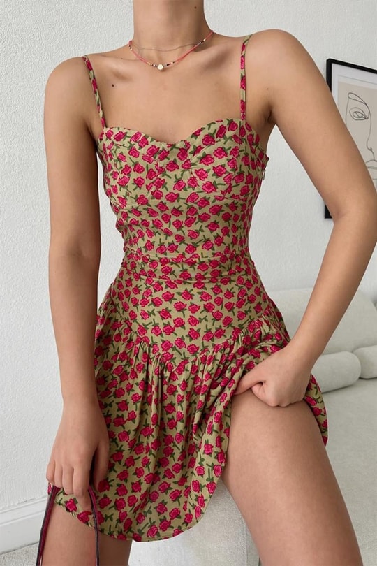 Rose Desen İp Askılı Mini Elbise Taba