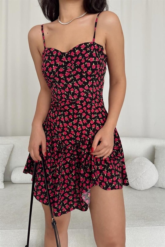 Rose Desen İp Askılı Mini Elbise Siyah