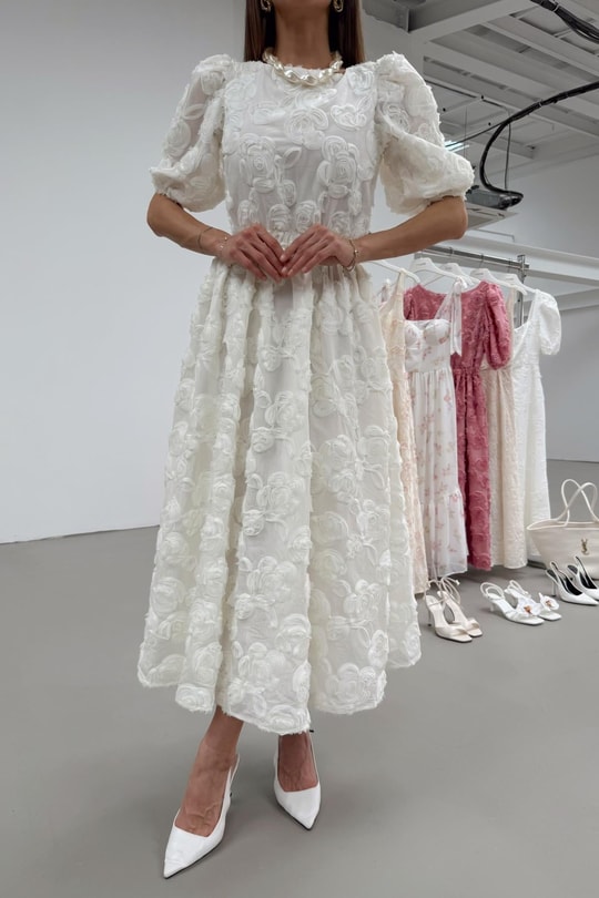 Rose Midi Elbise Beyaz