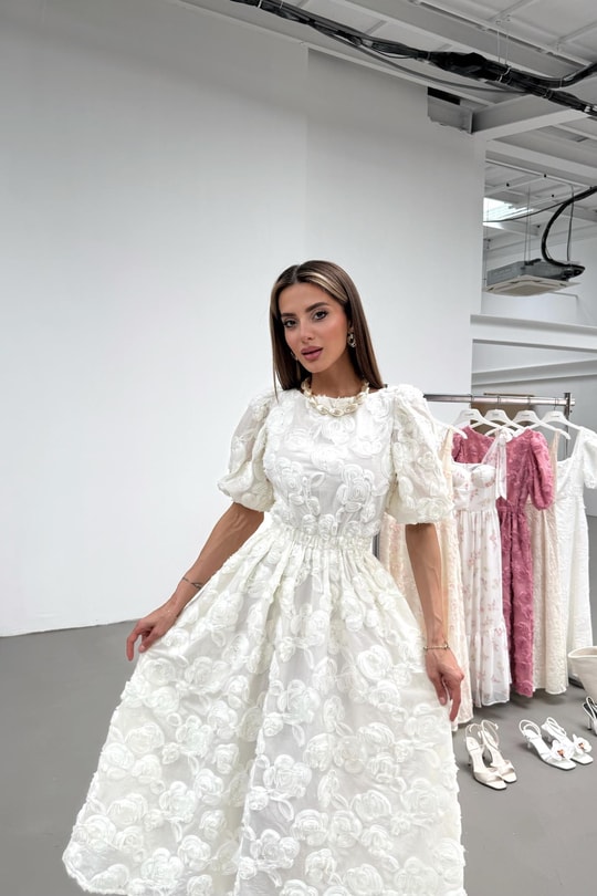 Rose Midi Elbise Beyaz