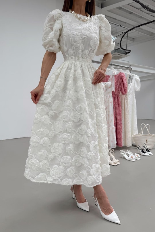 Rose Midi Elbise Beyaz