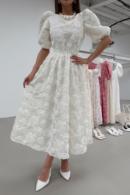 Rose Midi Elbise Beyaz