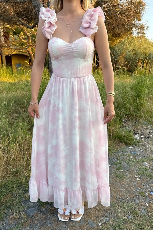 Rose Tül Astarlı Elbise Pembe