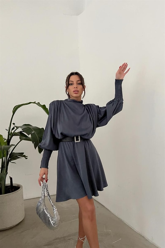 Saten Merida Elbise Antrasit
