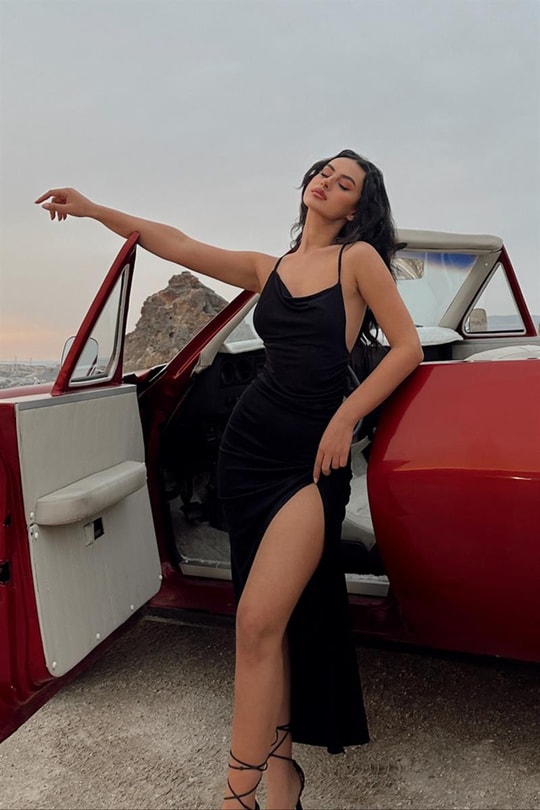 Shine Yırtmaçlı Olena Elbise Siyah
