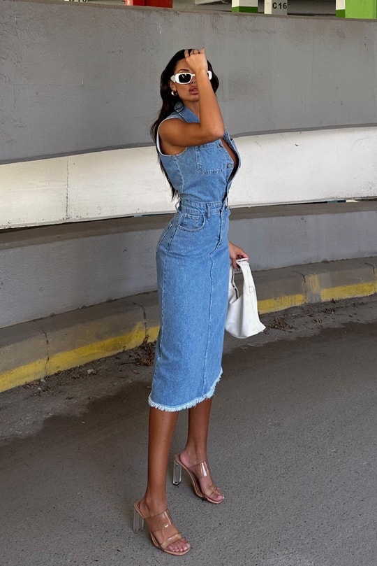 Sıfır Kol Denim Elbise Mavi
