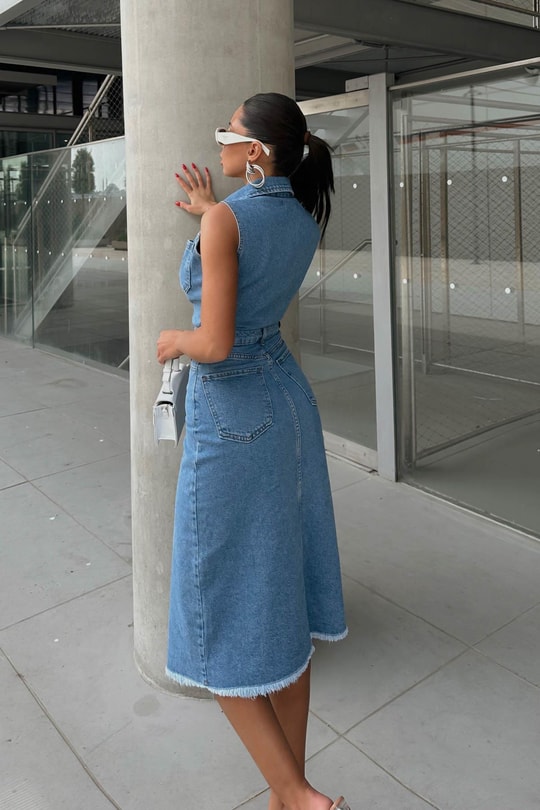 Sıfır Kol Denim Elbise Mavi