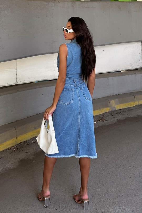 Sıfır Kol Denim Elbise Mavi