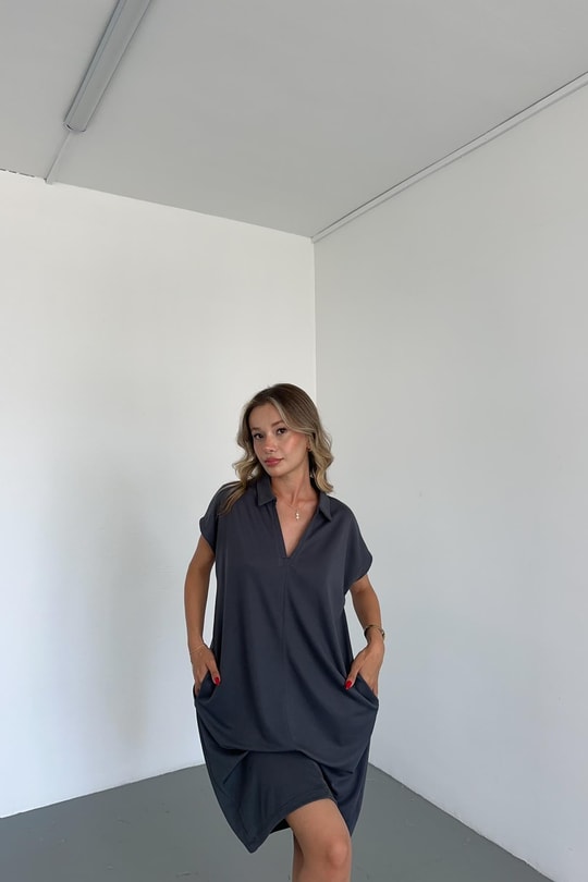 Sıfır Kol Polo Yaka Elbise Antrasit