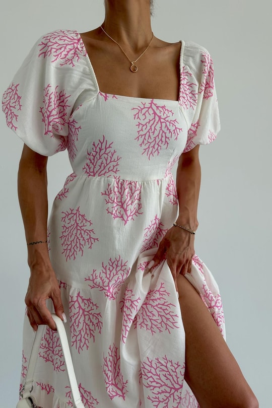 Sırt Bağlamalı Mercan Desen Elbise Pembe