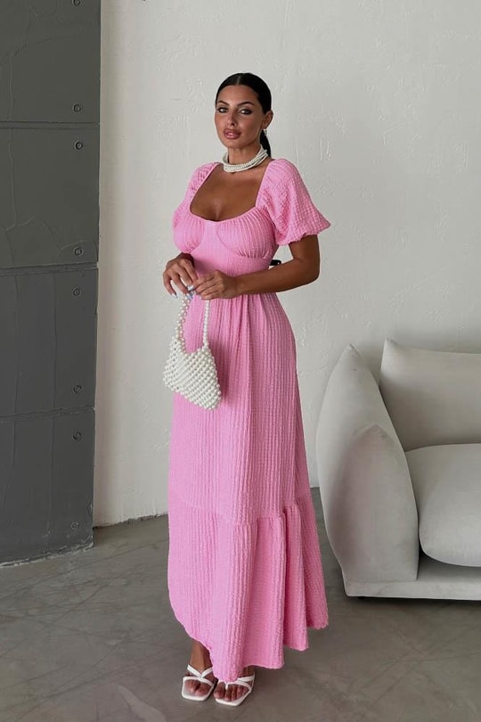 Sırt Dekolteli Gofre Elbise Şeker Pembe