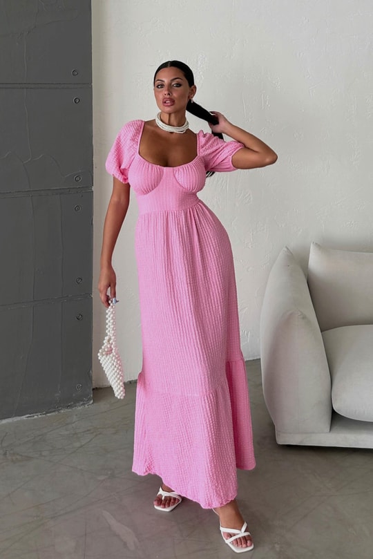 Sırt Dekolteli Gofre Elbise Şeker Pembe
