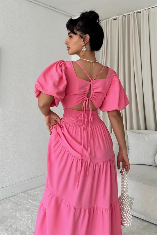 Sırt Dekolteli Poplin Elbise Pembe