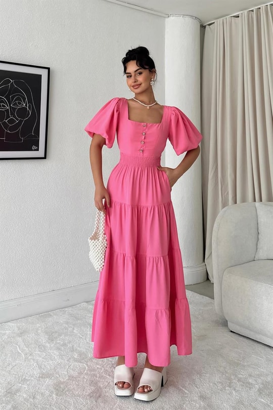 Sırt Dekolteli Poplin Elbise Pembe