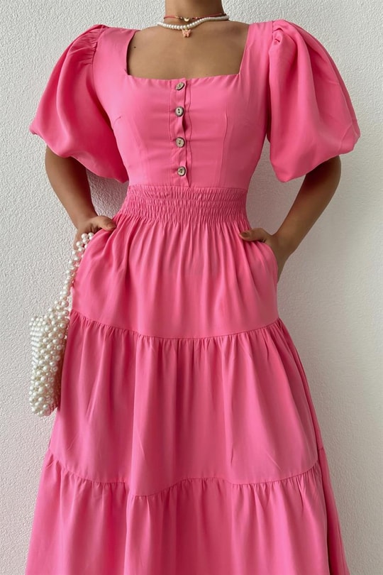 Sırt Dekolteli Poplin Elbise Pembe