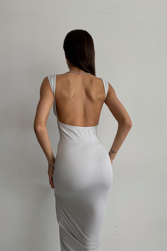 Sırtı Açık  Basic Elbise Gri