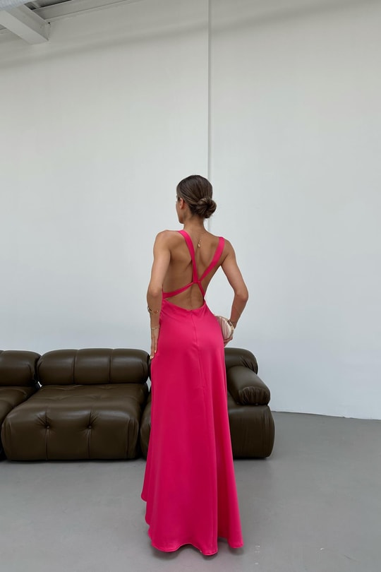Sırtı Çapraz Saten Elbise Pembe