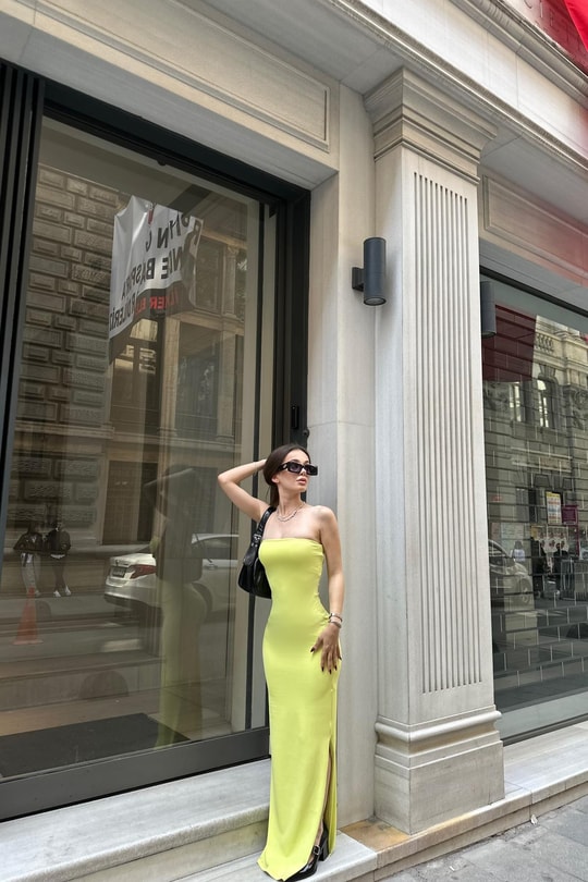 Straplez Basic Elbise Sarı