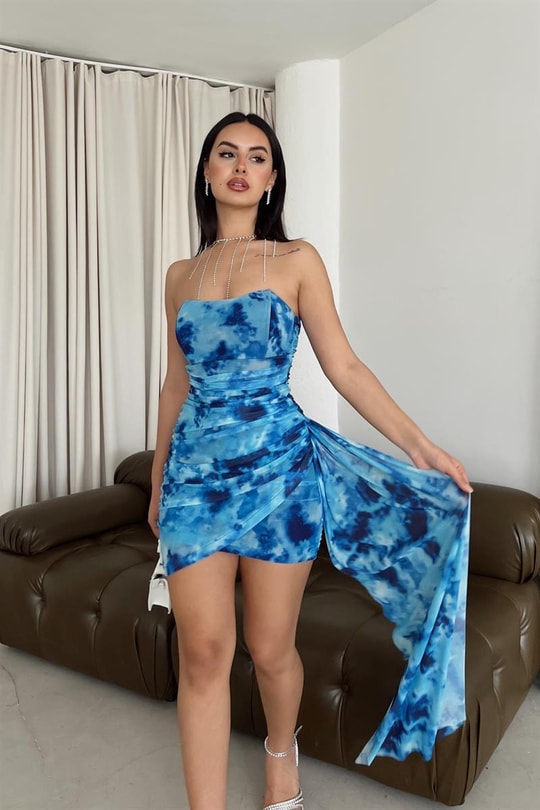 Straplez Batik Desen Drape Elbise Saks Mavisi