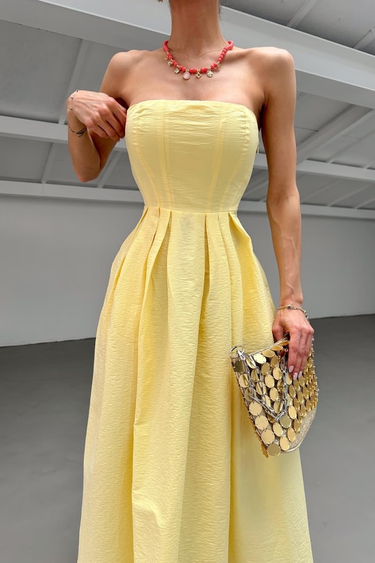 Straplez Bloom Elbise Sarı