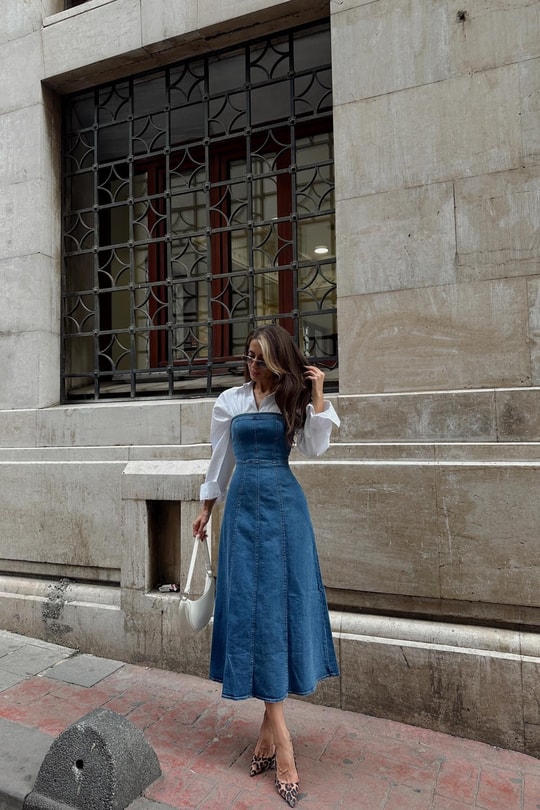 Straplez Denim Elbise Mavi