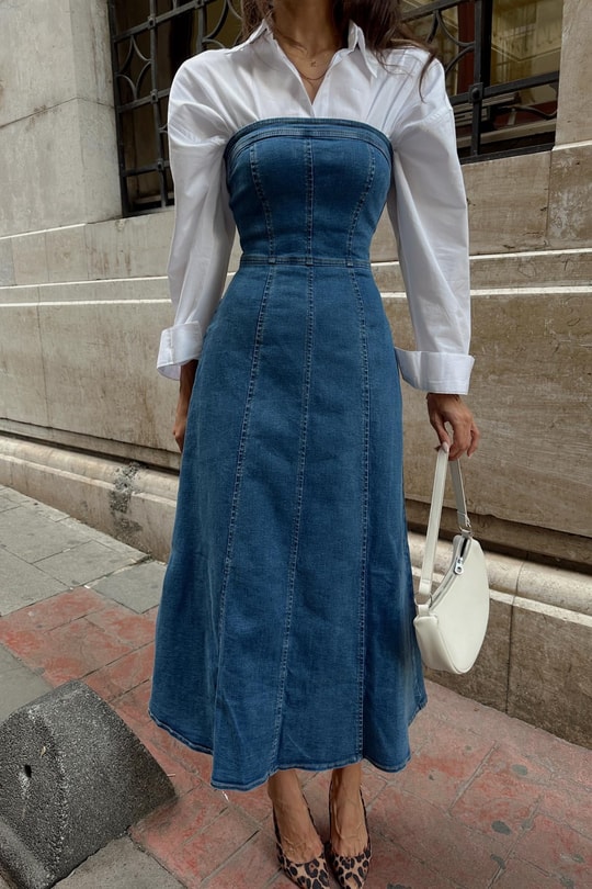 Straplez Denim Elbise Mavi
