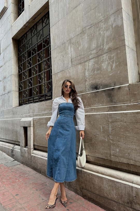 Straplez Denim Elbise Mavi
