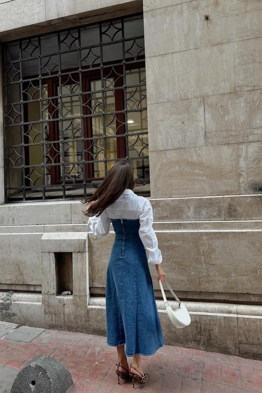 Straplez Denim Elbise Mavi