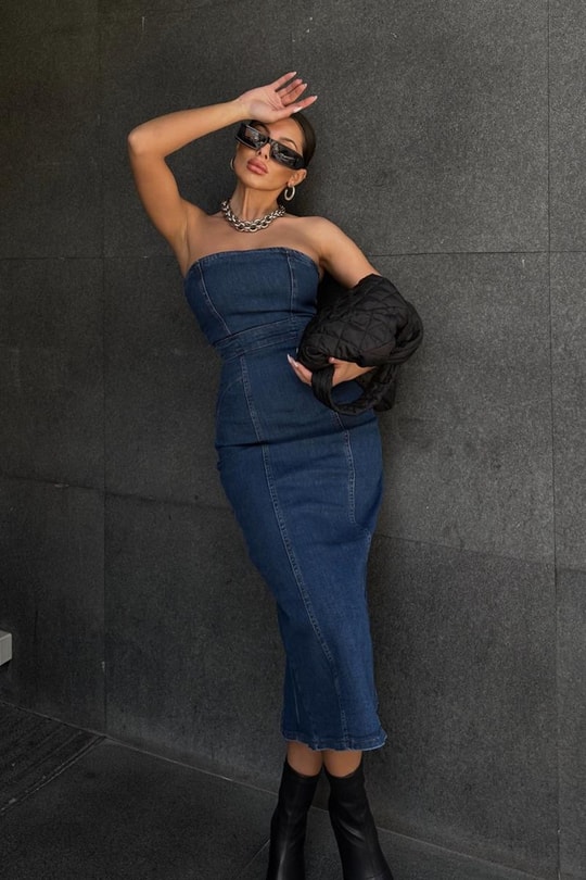 Straplez Denim Origin Elbise Koyu Mavi