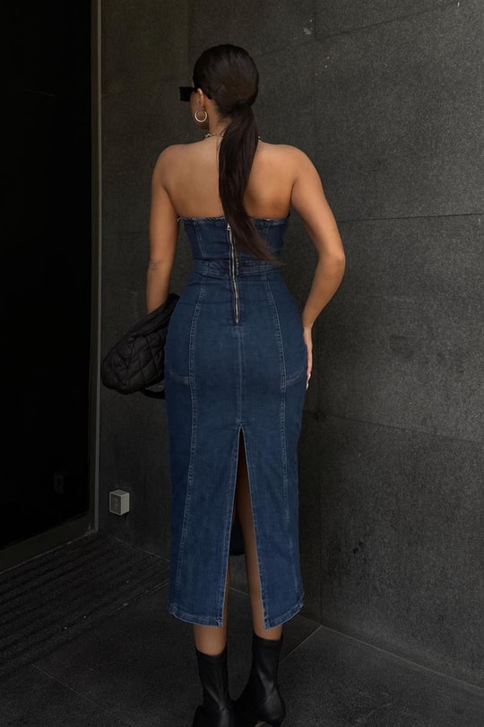 Straplez Denim Origin Elbise Koyu Mavi