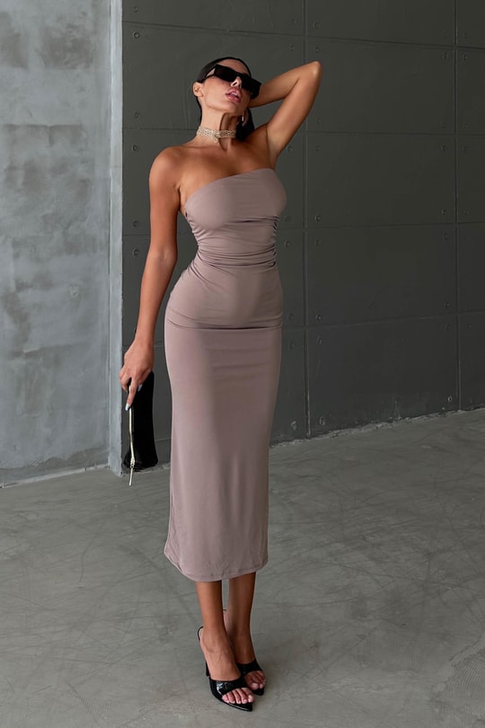 Straplez Drape Julia Elbise Bej