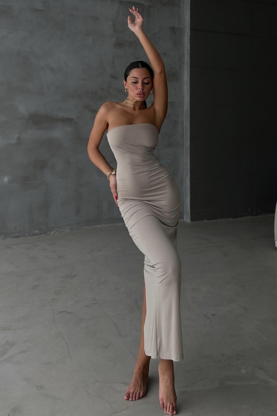 Straplez Drape Julia Elbise Bej
